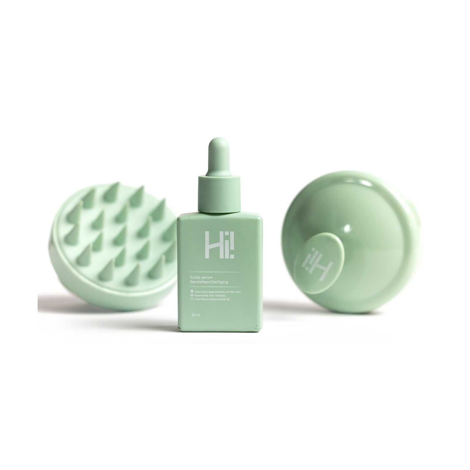 סרום ומברשת סיליקון Hi! Hair - צילום מוצר על רקע לבן